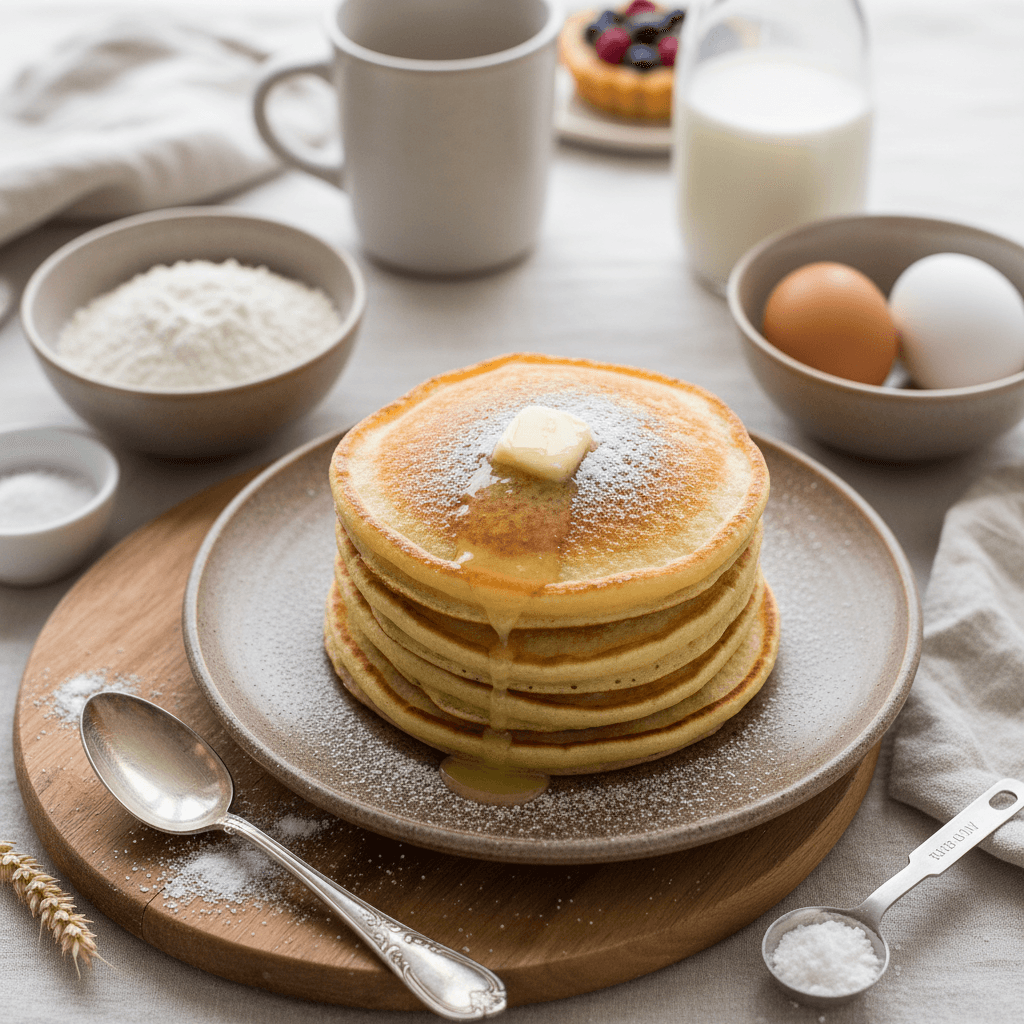 Šviežiai iškepti purūs blynai, sukrauti vienas ant kito, su šviežiomis uogomis ir sirupu.