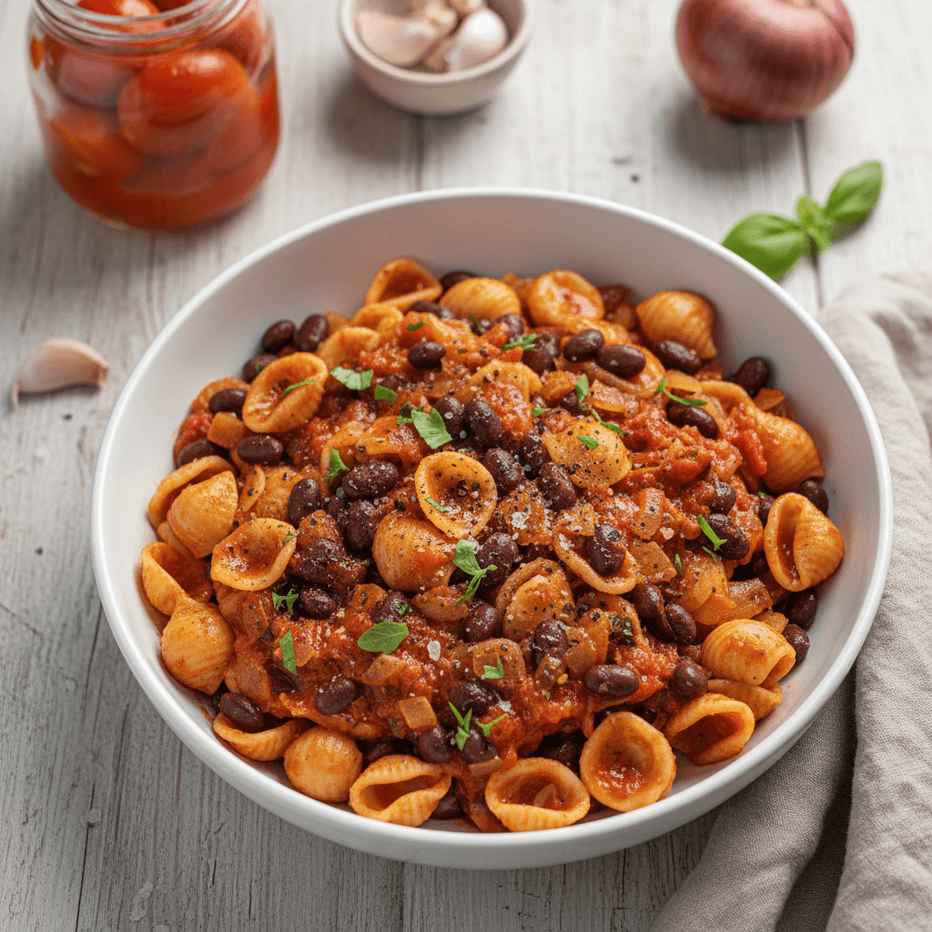 Makaronai su tamsiu pomidorų padažu ir juodosiomis pupelėmis, patiekiami lėkštėje.