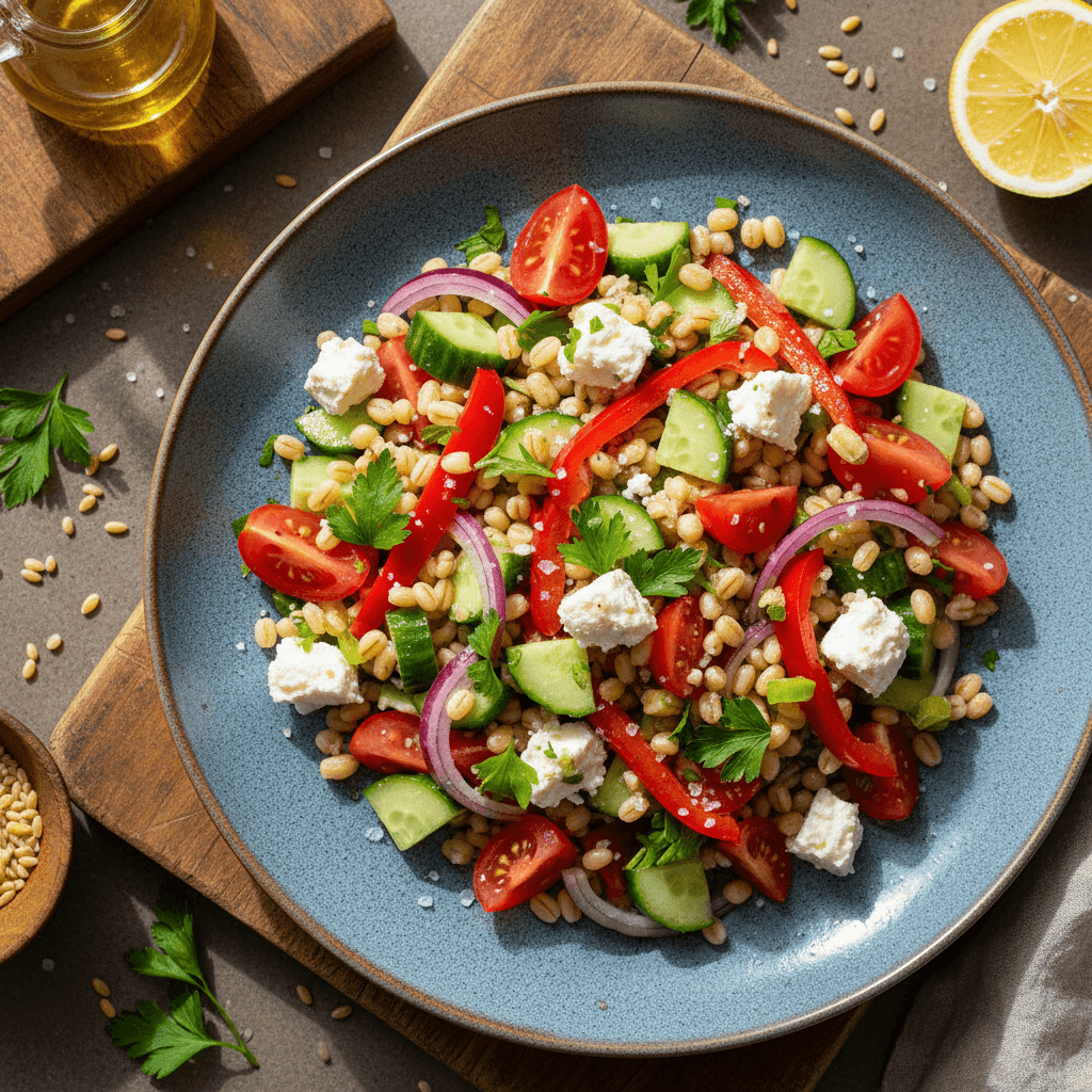 Sotios perlinių kruopų salotos su šviežiomis daržovėmis ir fetos sūriu dideliame dubenyje.