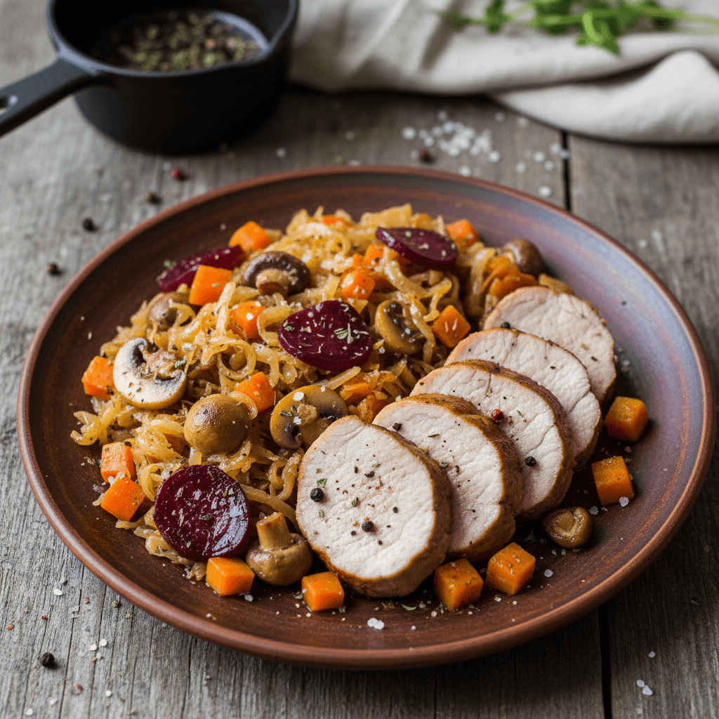 A stew of pork loin with sauerkraut, carrots, beets, and cremini mushrooms, served in a deep bowl.