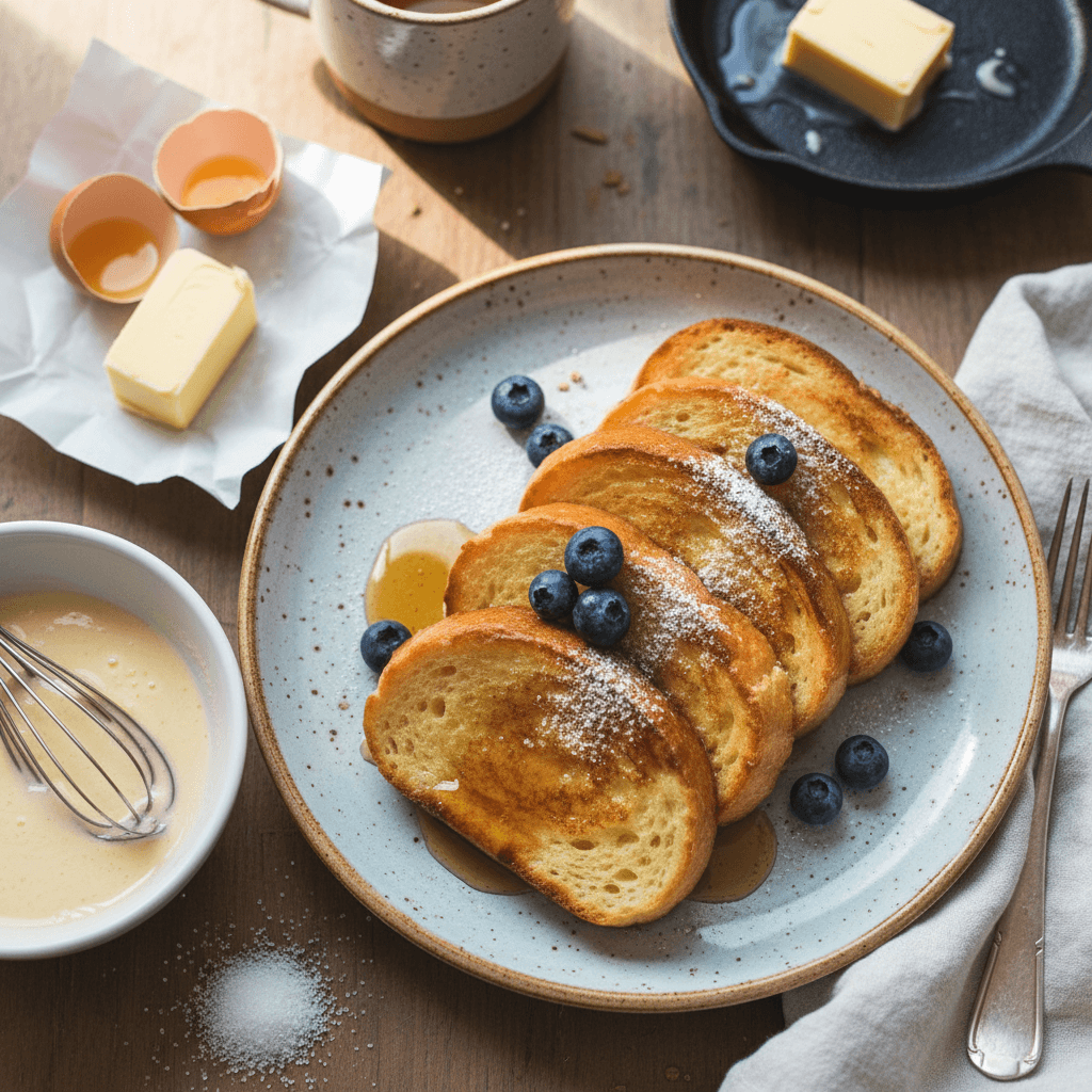 Auksinės spalvos prancūziški skrebučiai, apibarstyti cukraus pudra ir papuošti šviežiomis uogomis.