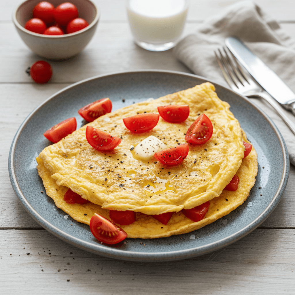 Purus omletas su pomidorais ir šviežiais prieskoniais, patiektas ant baltos lėkštės.