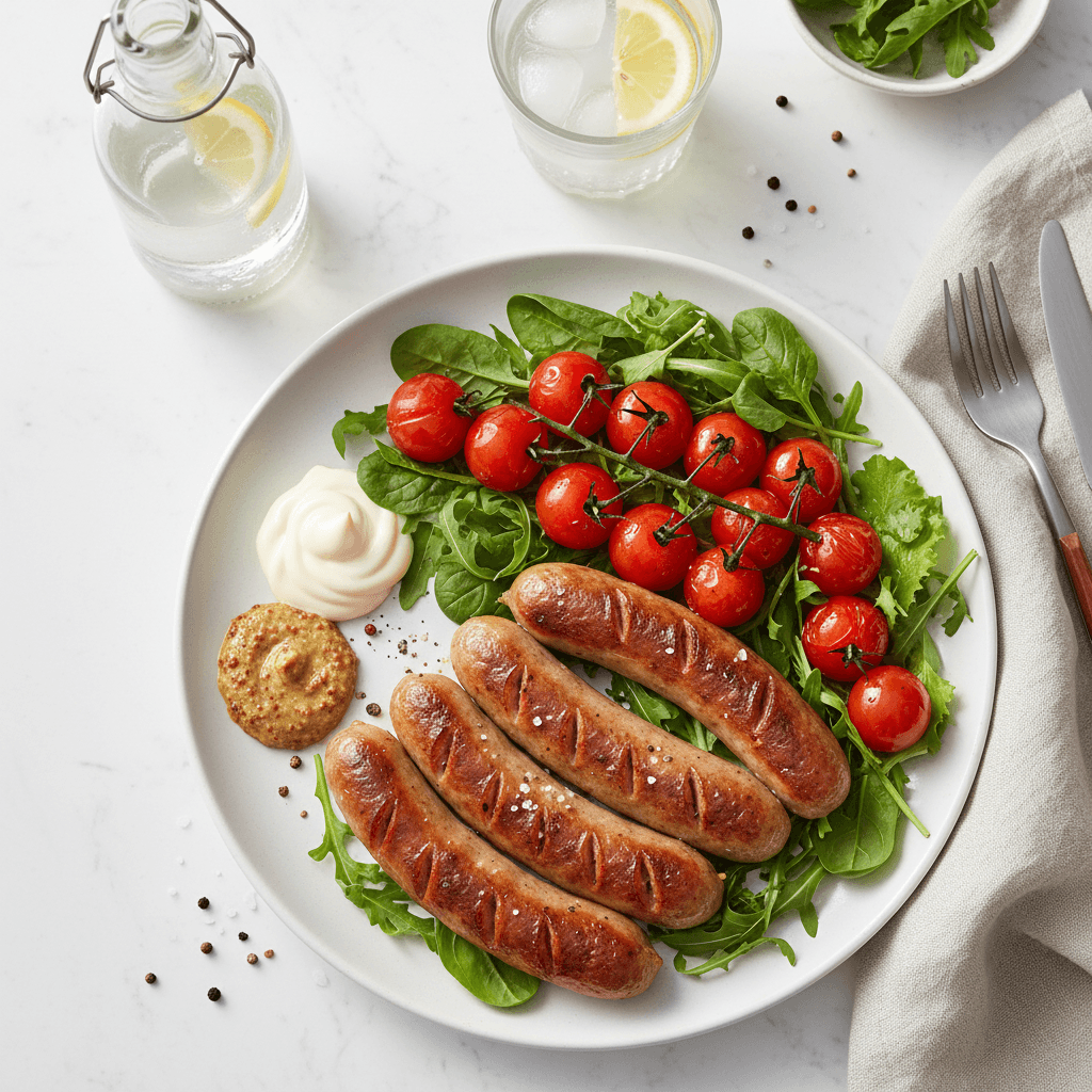 Keturios keptos dešrelės patiektos lėkštėje su perpus perpjautais vyšniniais pomidorais, šviežiais salotų lapais ir majonezo-garstyčių padažu.