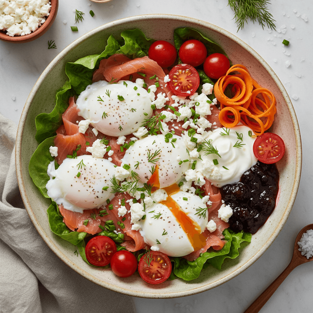 Spalvingas pusryčių dubenėlis su virtais kiaušiniais, rūkyta lašiša, sūriu, vyšniniais pomidorais ir žalumynais.
