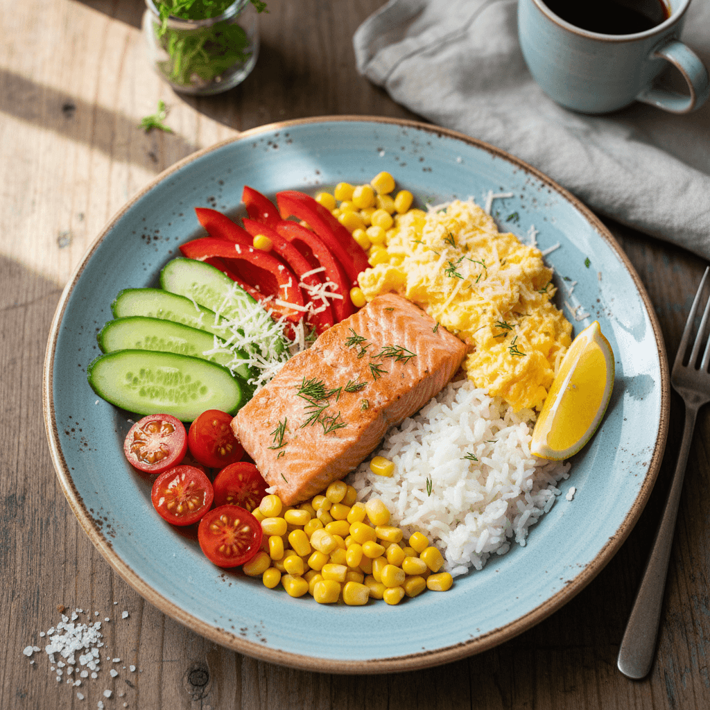 Šviežias pusryčių dubenėlis su lašiša, kiaušiniene, ryžiais ir įvairiomis daržovėmis, apšlakstytas citrina.