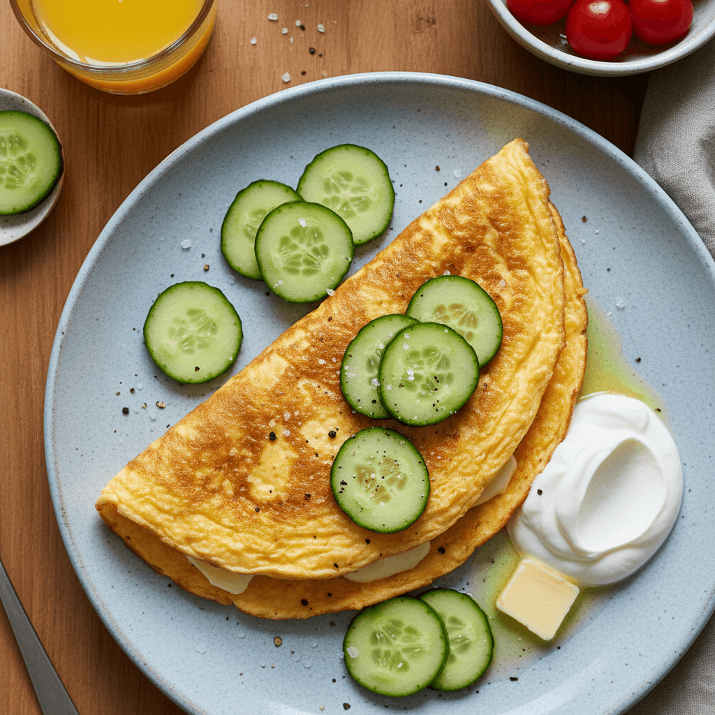 Purus omletas su agurko griežinėliais ir grietine lėkštėje