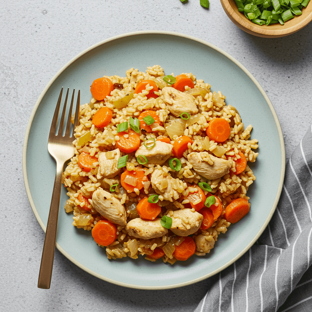 Skillet meal with chicken, rice, carrots, and peas