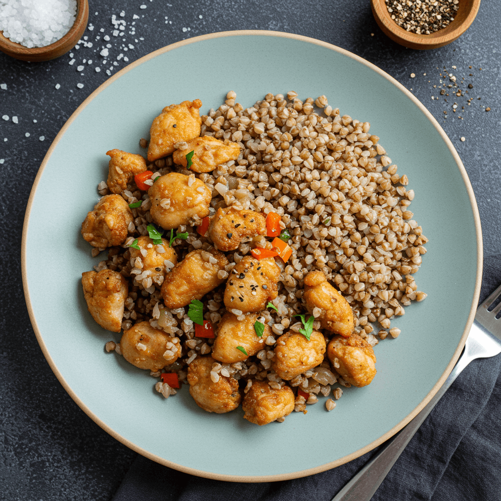 Fried chicken and buckwheat stir-fry dinner