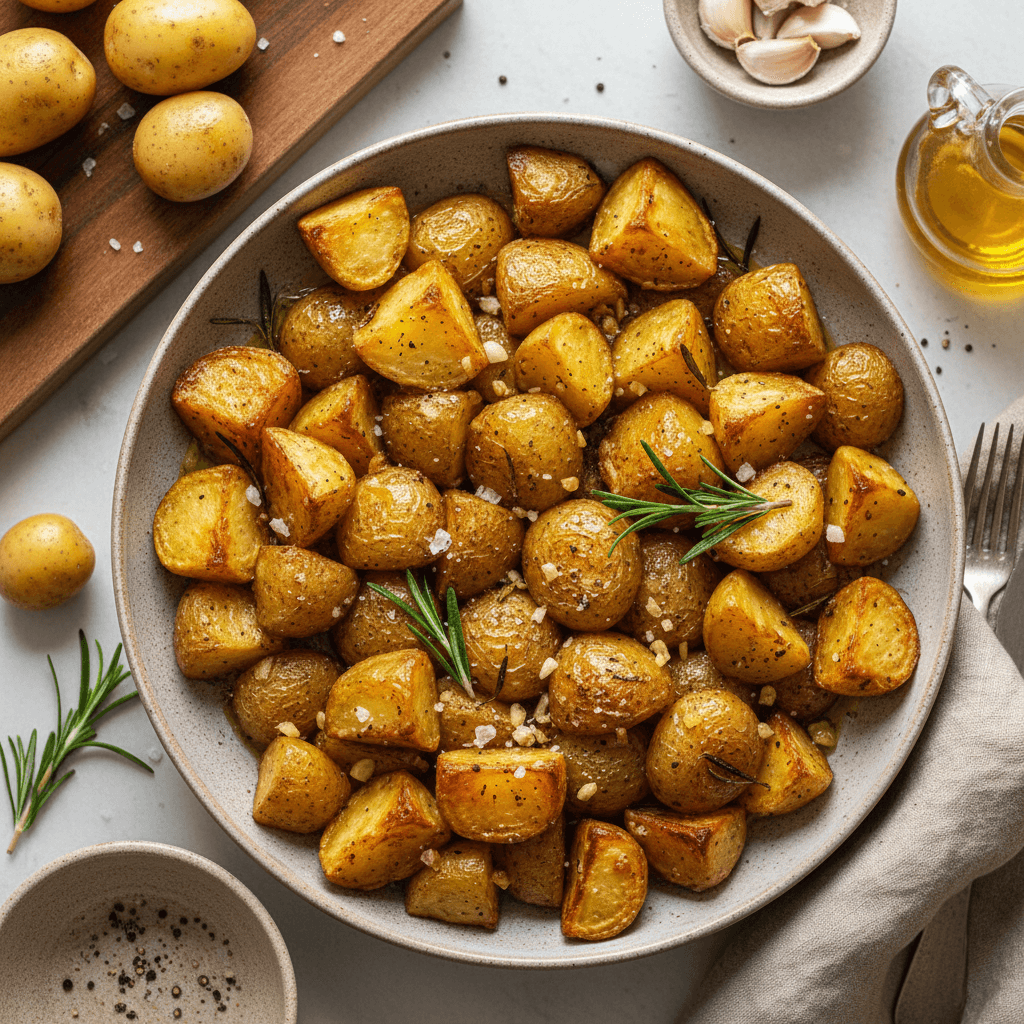 Golden roasted potatoes with sprigs of rosemary and garlic cloves, served on a wooden board.