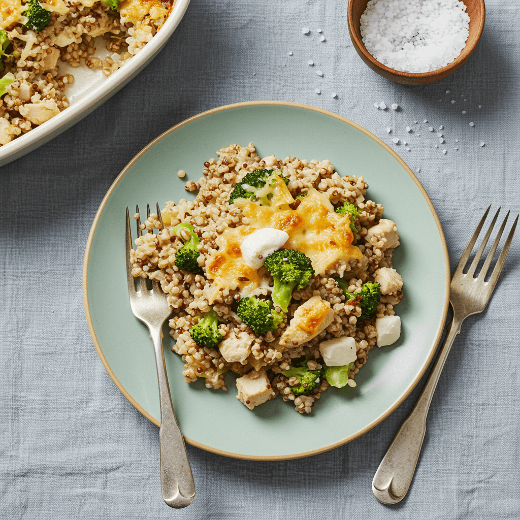 Close-up view of a baked dish filled with chicken, broccoli, pasta, rice, quinoa, and buckwheat, topped with melted mozzarella cheese.