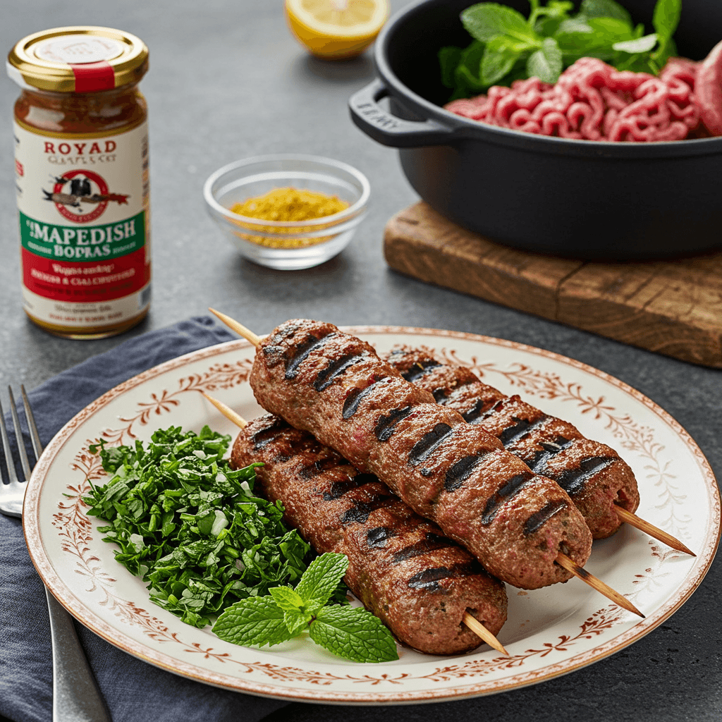 Grilled minced meat kebabs served with lemon wedges