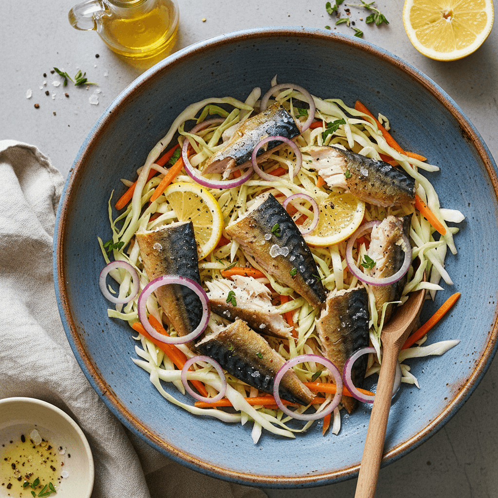 Gaivios salotos su rūkyta skumbre, kopūstais ir morkomis, patiektos lėkštėje.