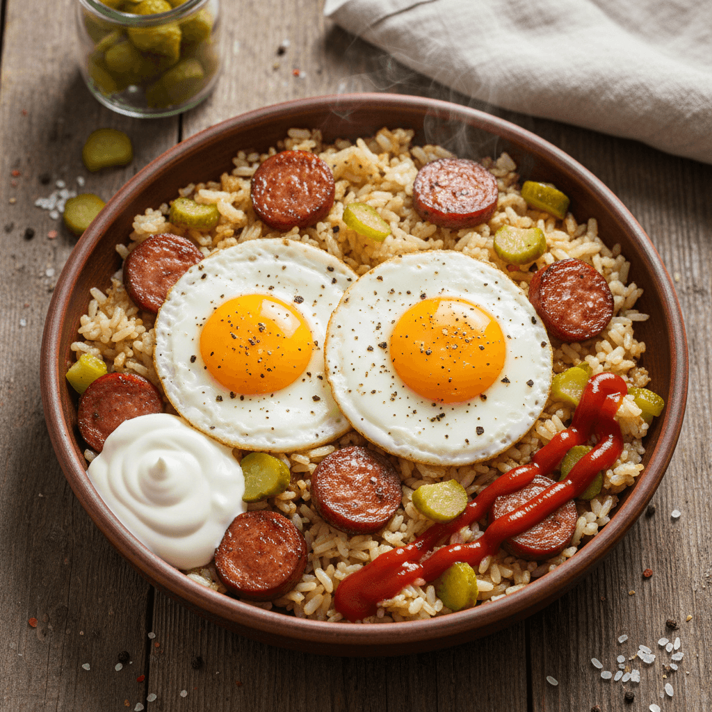 Lėkštė su virtais ryžiais, keptomis dešrelėmis, kiaušiniene, apipilta padažu ir pabarstyta agurkėliais.