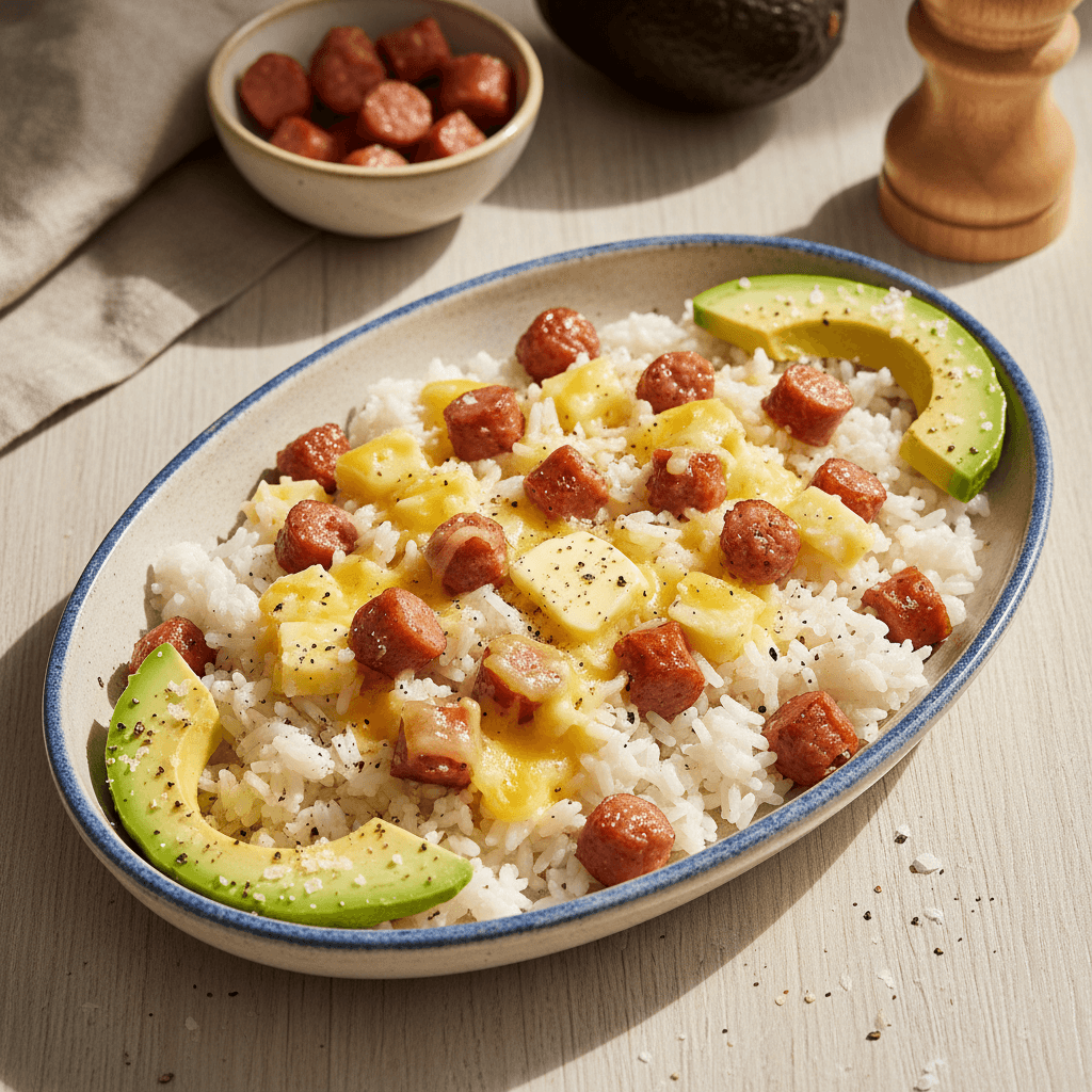 Šiltas ryžių, dešros ir tirpinto sūrio užkandis, patiektas su šviežio avokado griežinėliais.