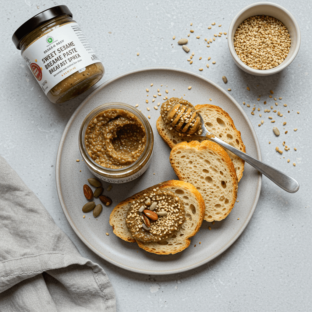 Saldi sezamų užtepėlė ant skrebučių su papildomais ingredientais