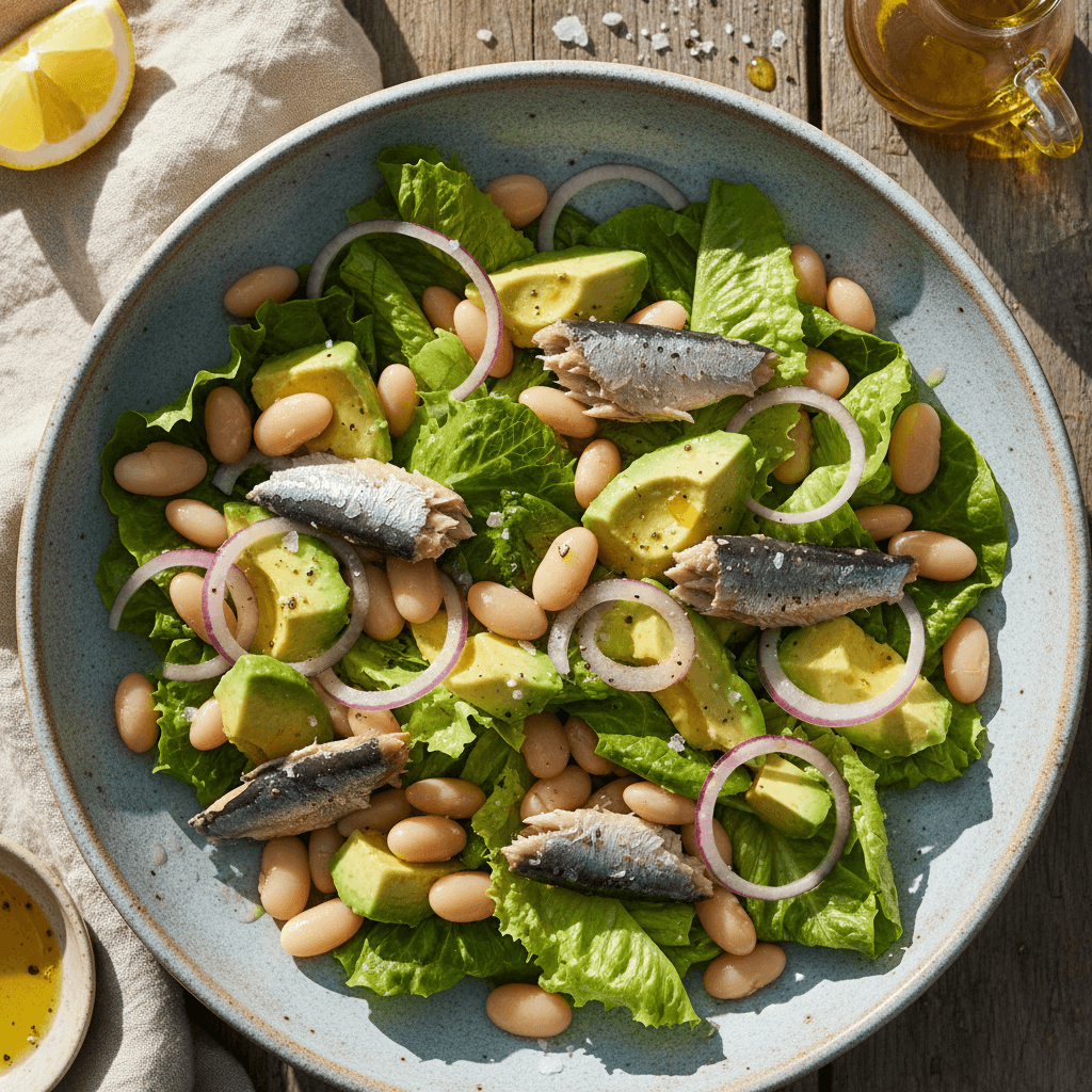 Gaivios salotos su avokadu, baltosiomis pupelėmis, traškiais salotų lapais ir švelniomis sardinėmis, pagardintos citrininiu padažu.