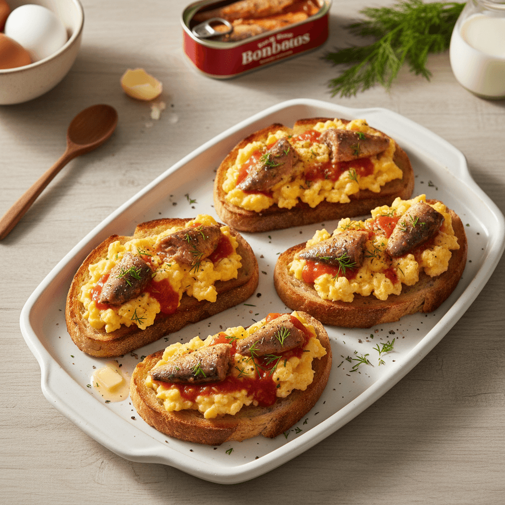 Skrudinta duona su puria kiaušiniene, sardinėmis pomidorų padaže ir šviežiomis žolelėmis