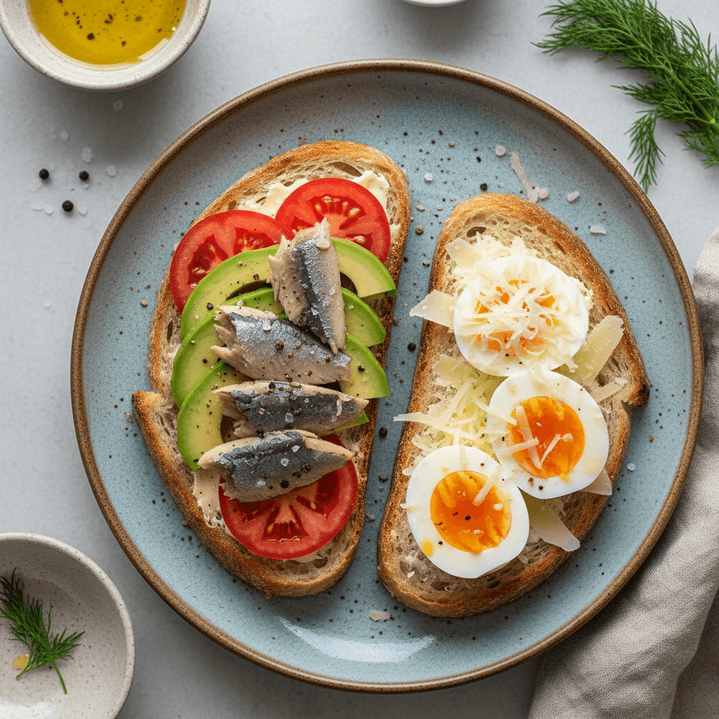 Du sumuštiniai su skrudinta duona, avokadu, sardinėmis, pomidoru, virtais kiaušiniais ir tarkuotu sūriu.