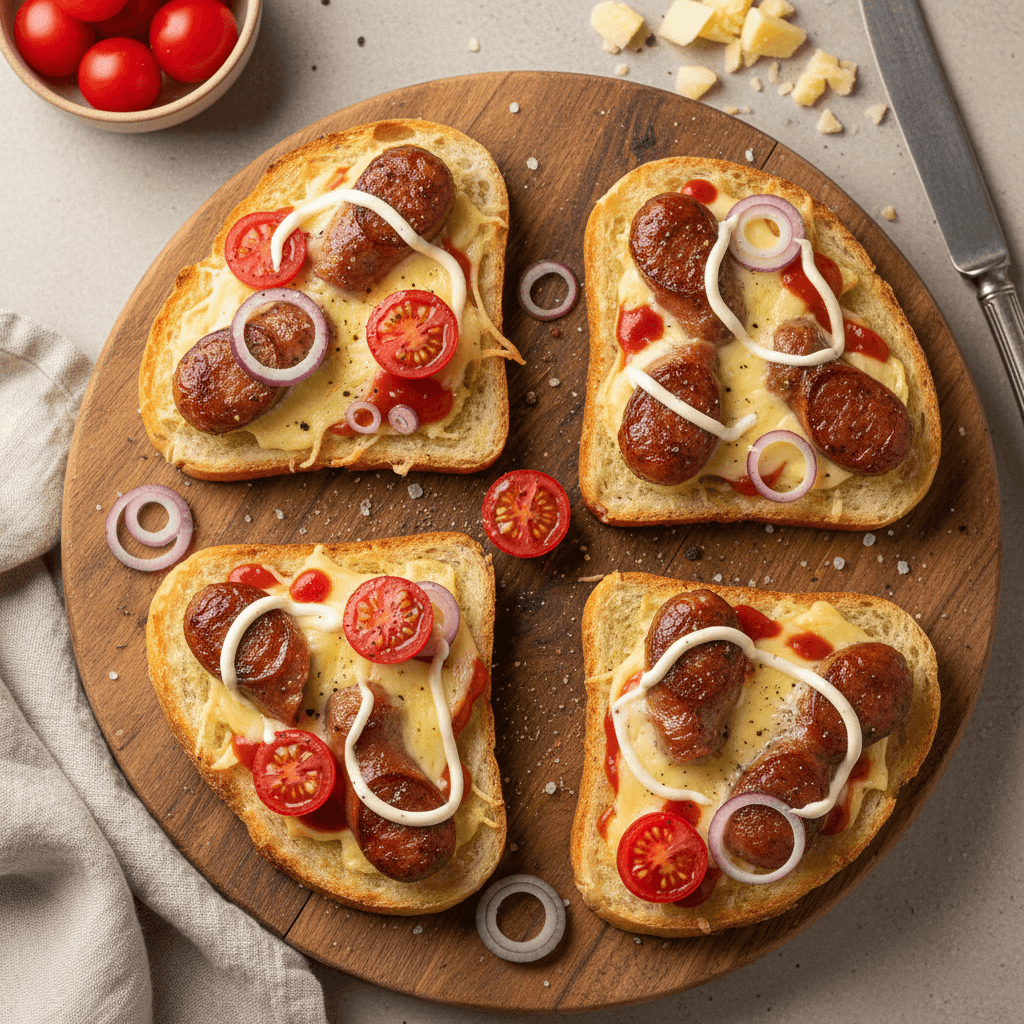 Auksinės spalvos kepti sumuštiniai su dešrelėmis, pomidorais ir išsilydžiusiu sūriu, patiekti ant medinės lentelės.