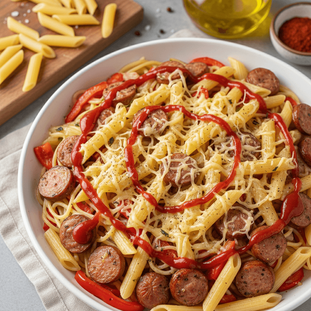 Sausainiai su makaronais ir daržovėmis