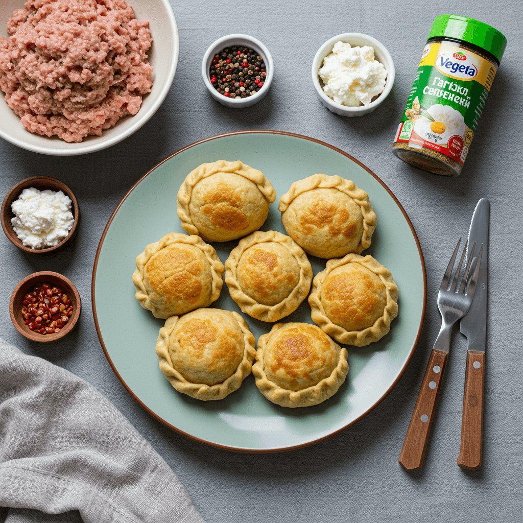 Golden brown fried savory pastries filled with minced meat and curd cheese, shaped like half-moons.