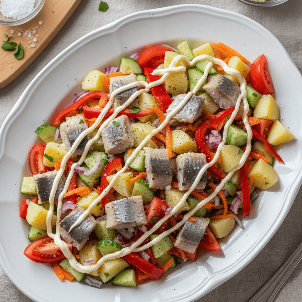 Spalvingos silkės salotos su bulvėmis, morkomis, agurkais, pomidorais ir paprika stikliniame dubenyje, papuoštos šviežiais krapais.