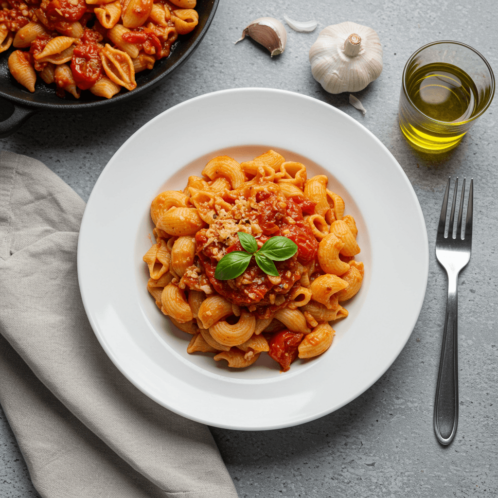 Close-up of a bowl of simple tomato sauce pasta garnished with fresh basil.