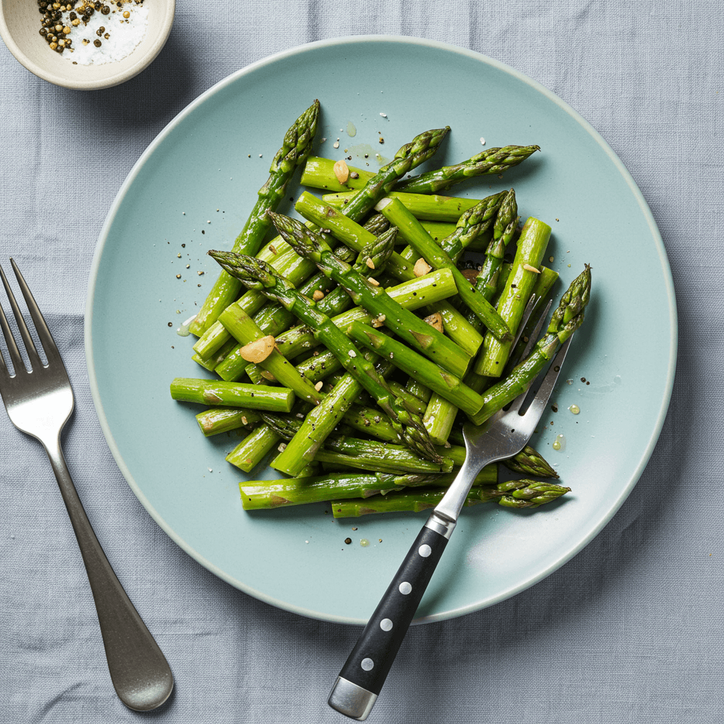 Close up of pan-fried green asparagus spears with garlic and seasoning