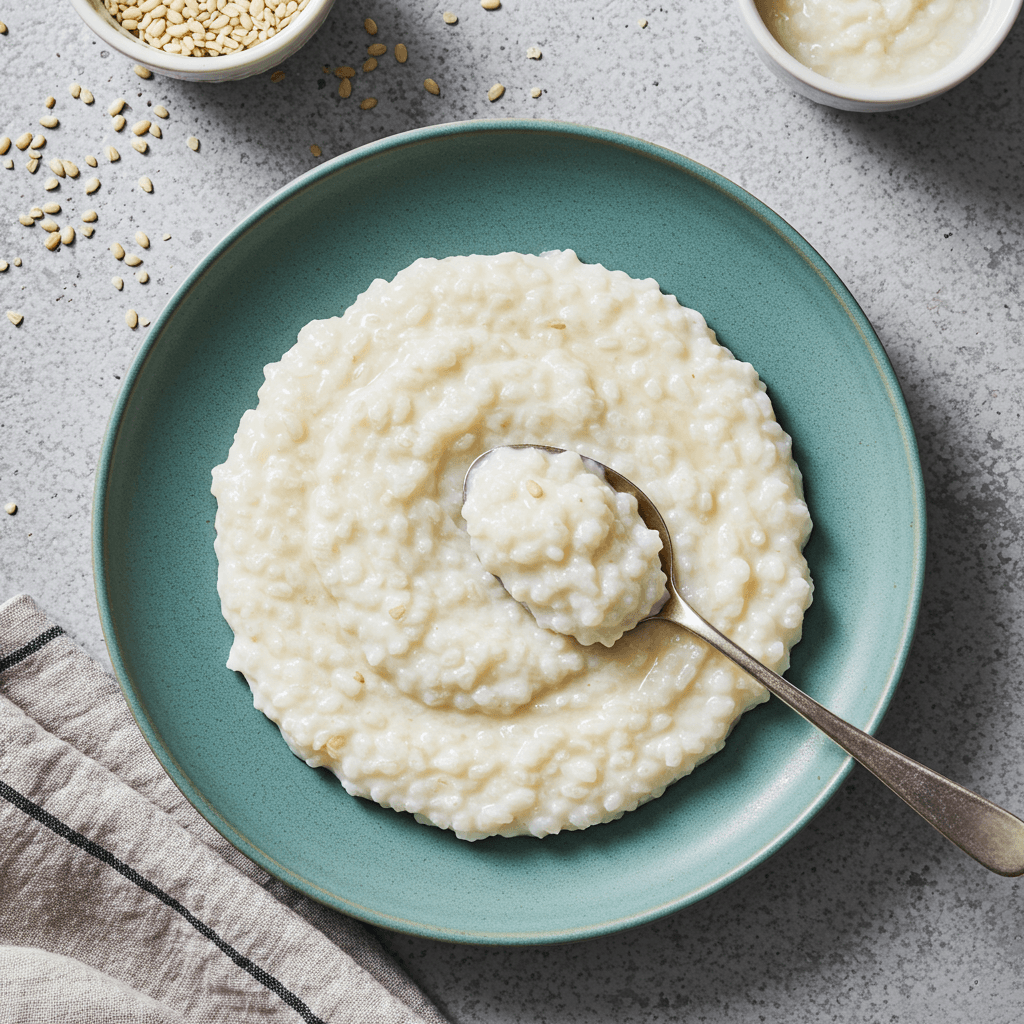 Warm rice porridge in a bowl with cinnamon sprinkled on top