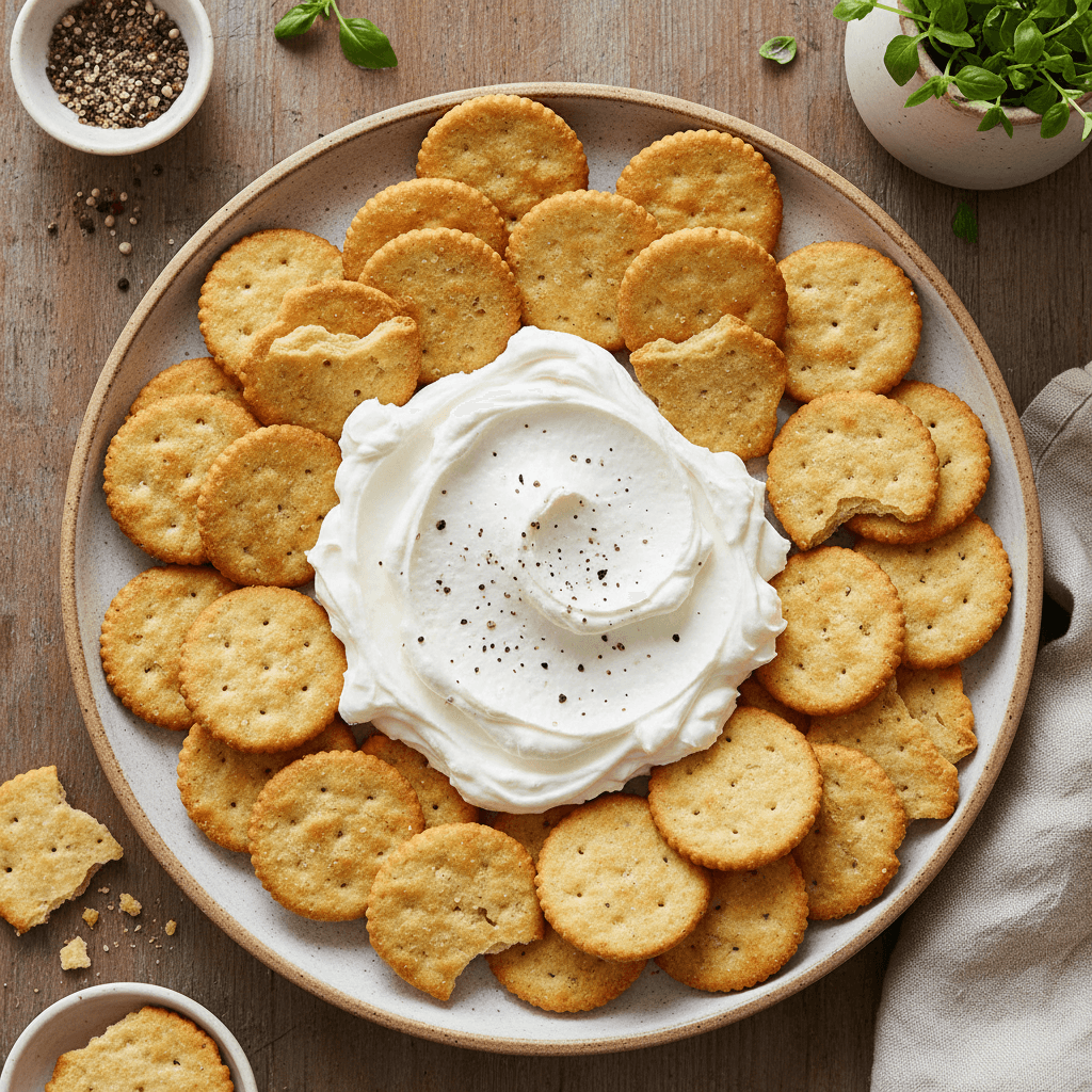 Traškūs krekeriai su kreminiu sūrio užtepu, patiekti ant medinės lentelės.