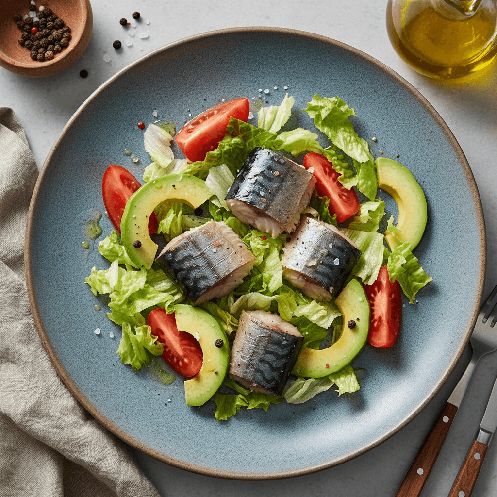 Lėkštėje patiektas gaivus užkandis su šalto rūkymo skumbre, avokadu, pomidorais ir traškiomis salotomis.