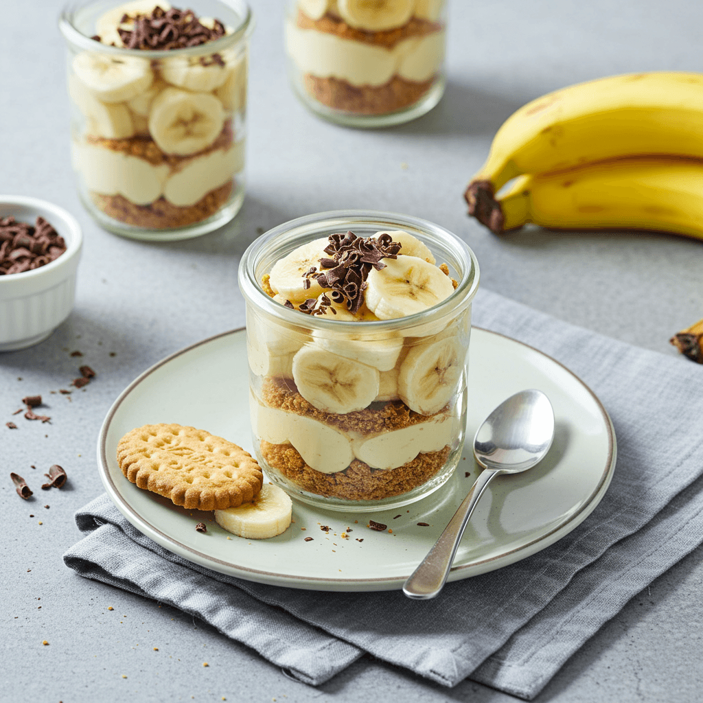 Sluoksniuotas bananinis grietinėlės desertas su trupintais sausainiais, papuoštas šokolado drožlėmis stiklinėje.