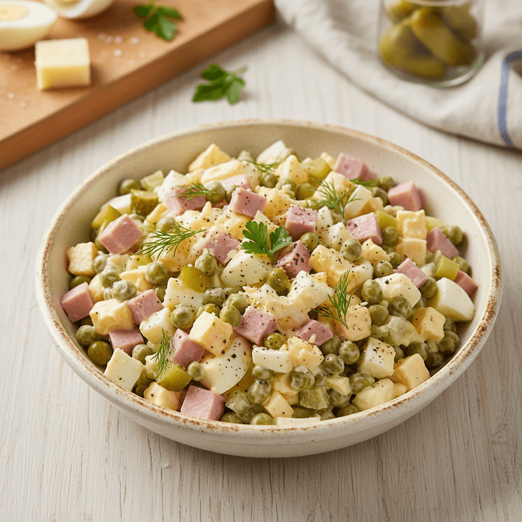 Lėkštėje patiektos sočios kiaušinių salotos su kumpiu, sūriu, agurkėliais ir žirneliais, papuoštos šviežiomis petražolėmis.