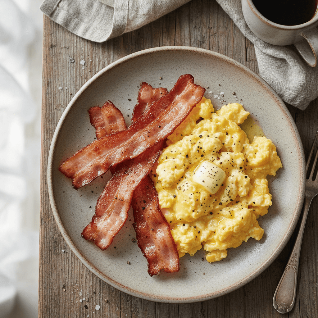 Lėkštė su puria kiaušiniene ir traškios keptos šoninės gabalėliais
