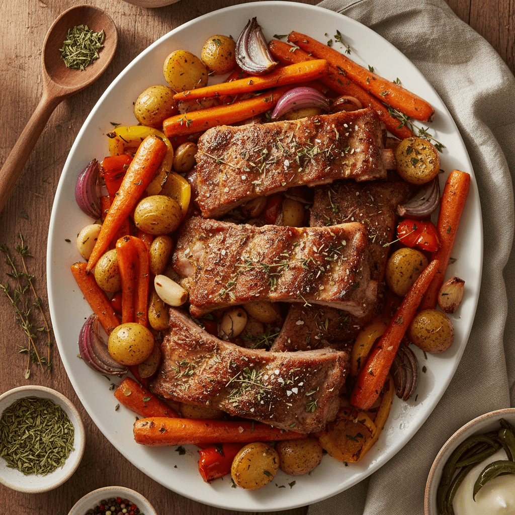 Apskrudę kiaulienos šonkauliai su įvairiomis keptomis daržovėmis, patiekiami dideliame dubenyje.