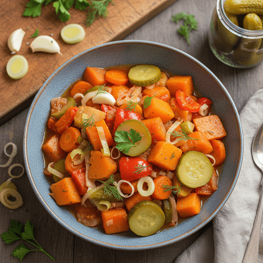 Sotus daržovių troškinys su morkomis, moliūgu, paprika ir raugintais agurkais, patiektas dubenyje su šviežiomis žolelėmis.