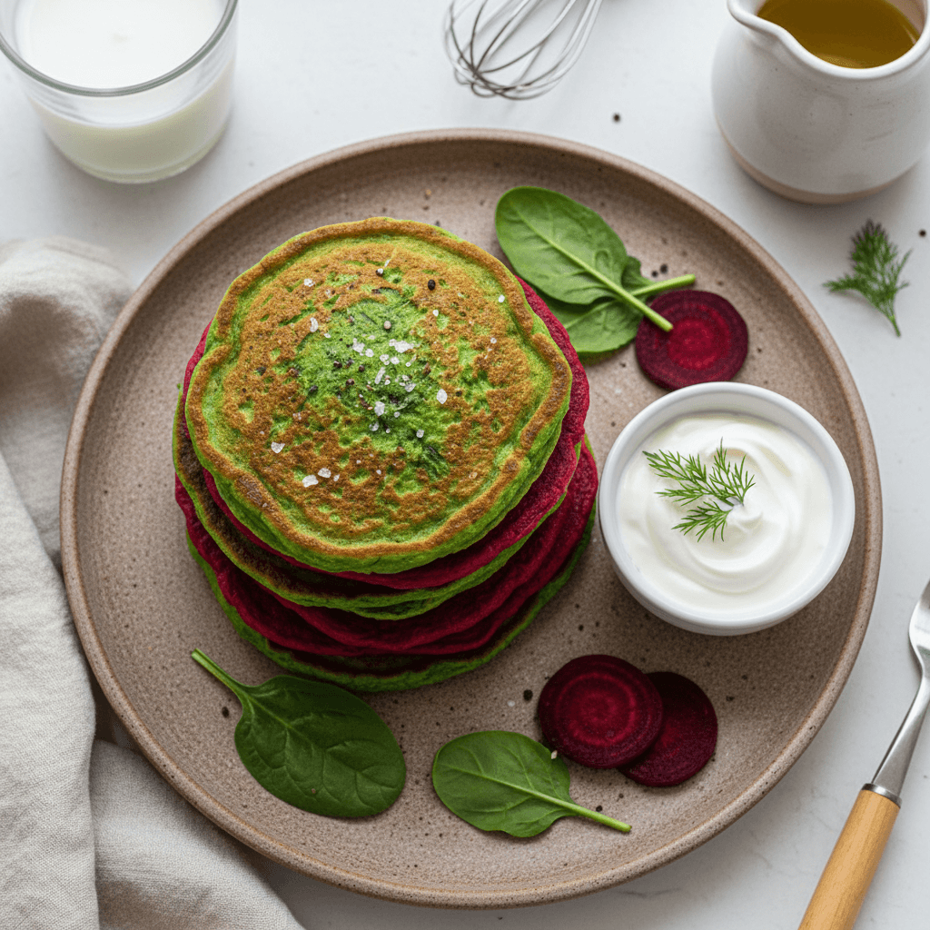 Lėkštėje sudėti žali špinatų ir rausvi burokėlių blynai.