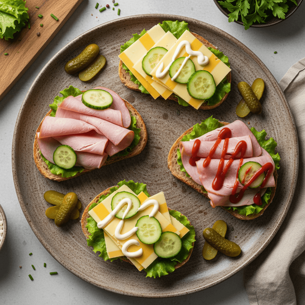 Sotūs sumuštiniai su pakavimo mėsa, sūriu, salotomis, agurkais ir srirachos padažu, paruošti pietums.