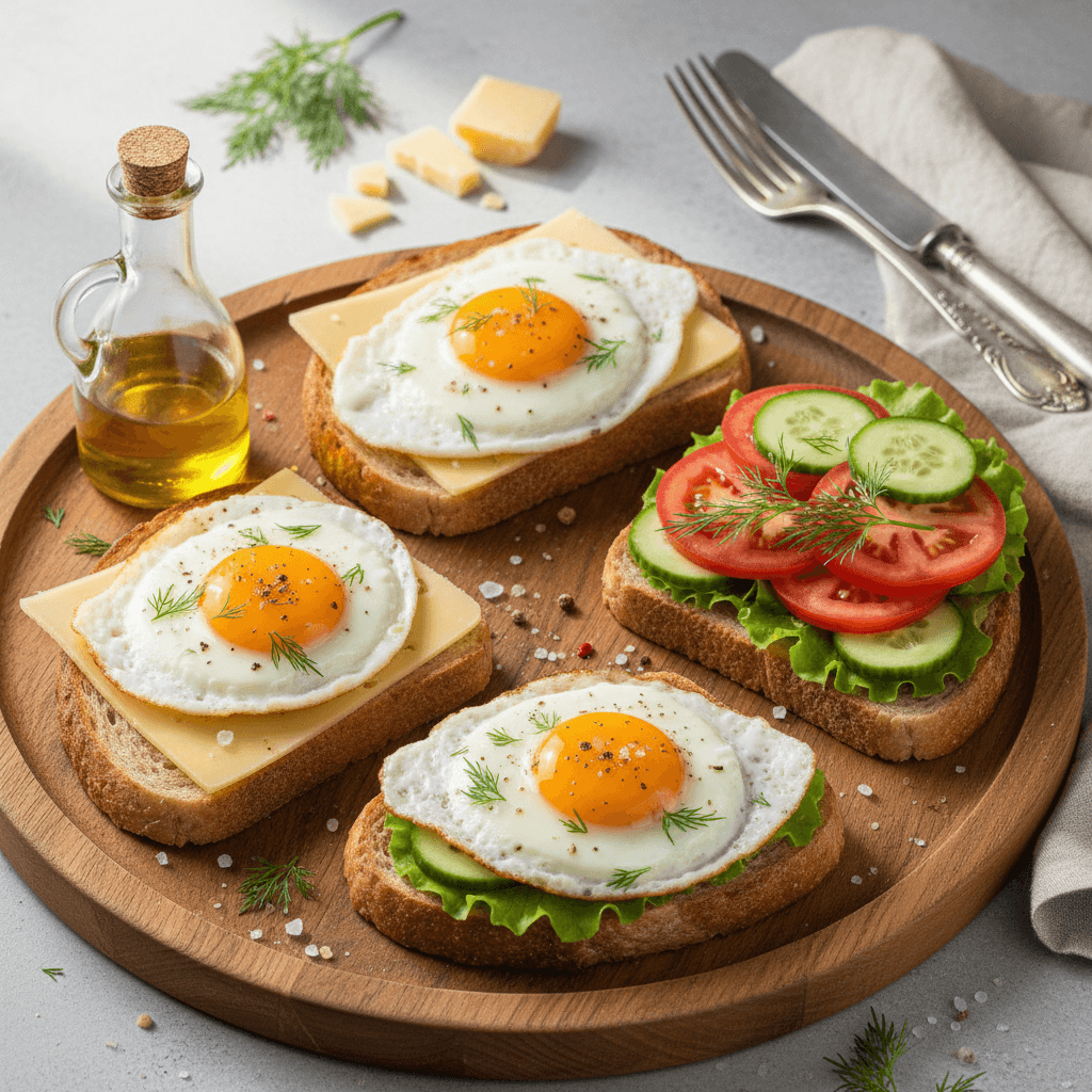 Paprasti, švieži sumuštiniai su omletu, sūriu, agurku ir pomidoru, patiekti ant medinės lentelės.