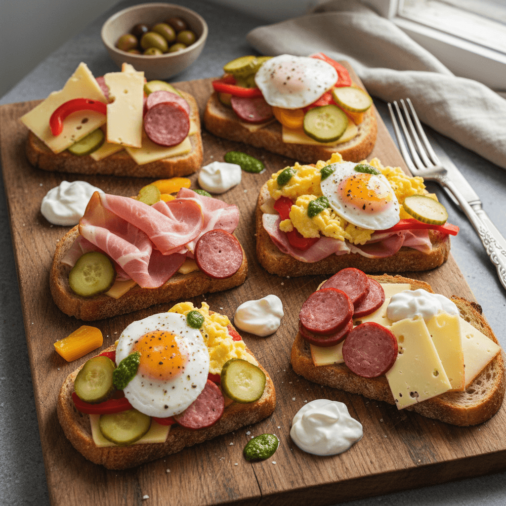 Didelis, įvairus sumuštinių stalas su kumpio, sūrio, dešrelių ir kiaušinio omleto sumuštiniais, patiekiamas su grietine, marinuotais agurkėliais, pipirais, pesto, majonezu, kečupu, jogurtu ir uogiene.