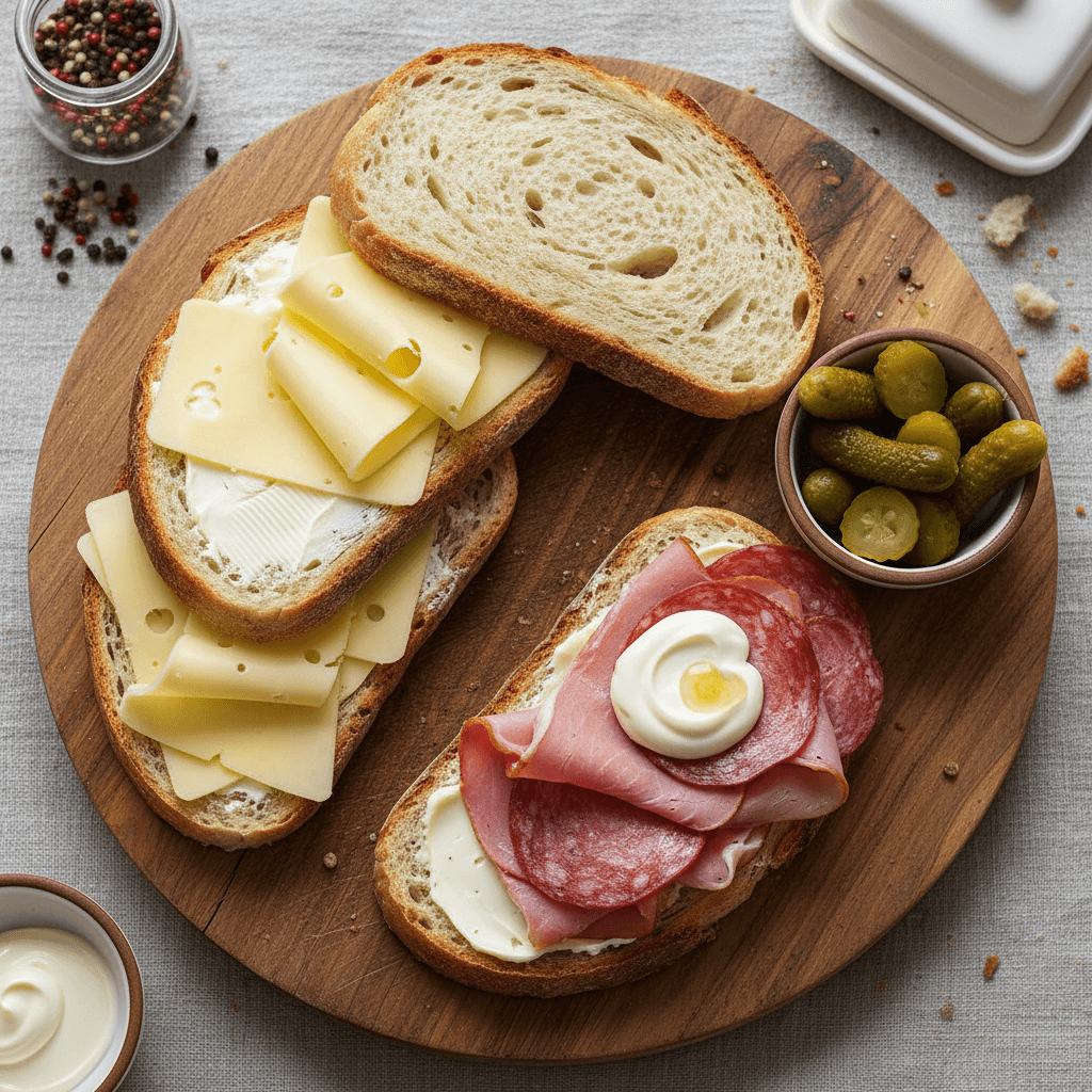 Greitai paruoštas sumuštinių rinkinys su sūriu, dešra ir marinuotais agurkėliais, patiektas ant pjaustymo lentos.