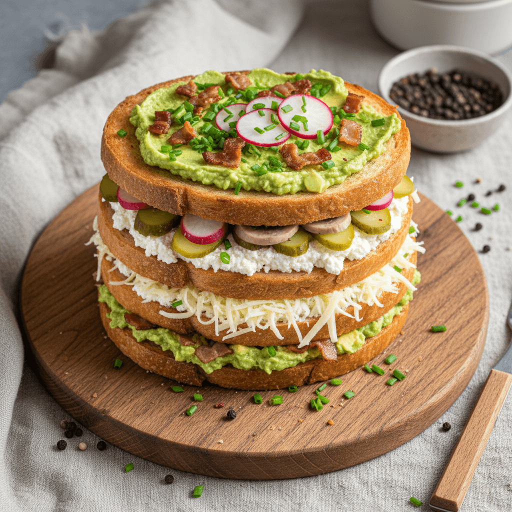 Sluoksniuotas sumuštinių tortas su avokado ir šoninės įdarais, papuoštas žalumynais ir sūriu.