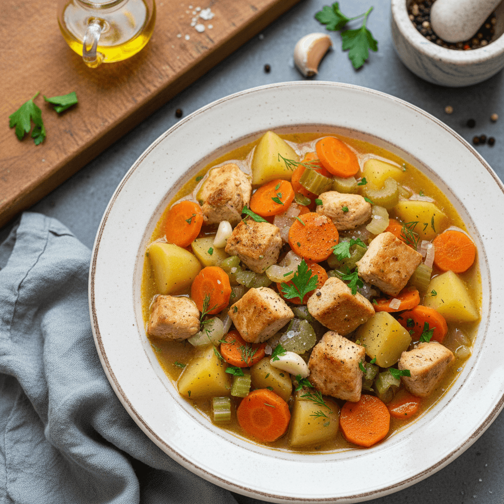 Sveikas vištienos ir daržovių troškinys su bulvėmis, morkomis ir salierais, patiektas gilioje lėkštėje.