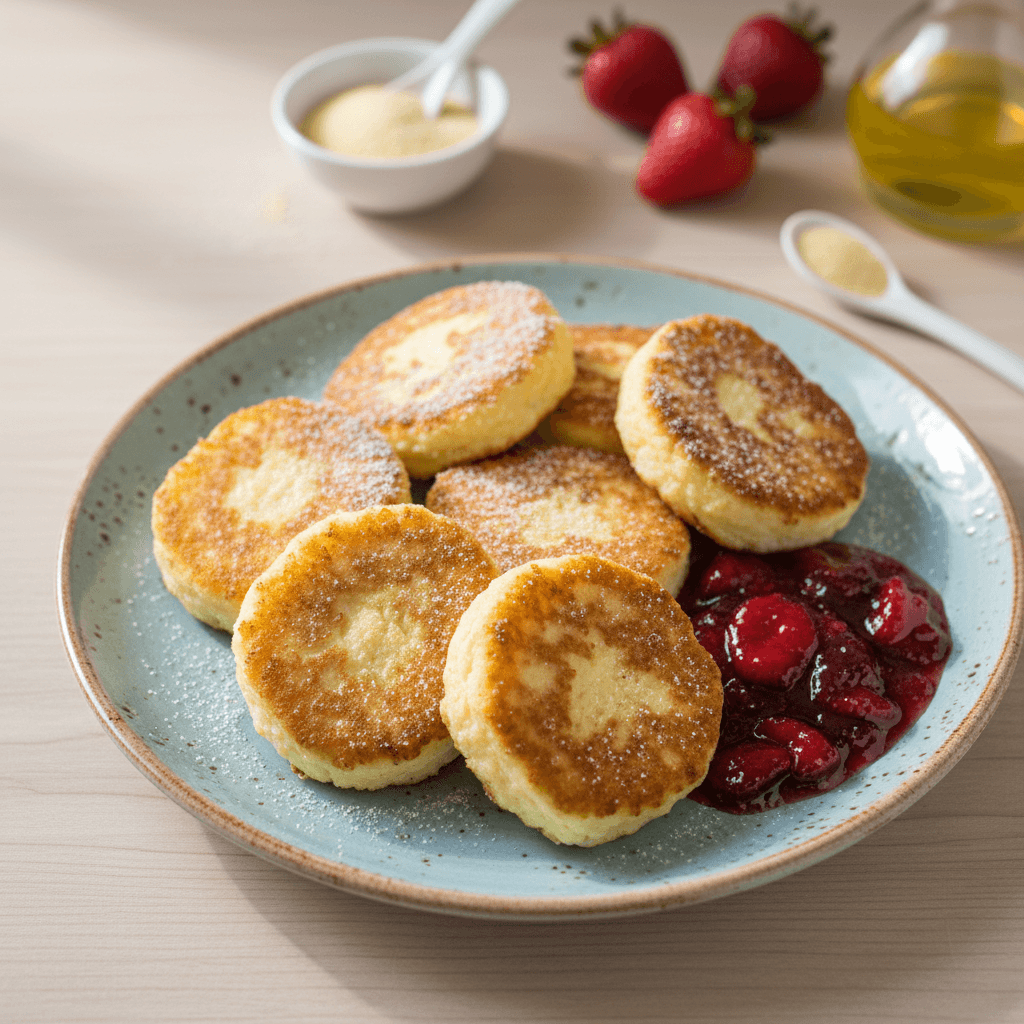 Švelnūs auksinės spalvos varškėtukai, patiekiami su švelnia raudonų uogų uogiene.