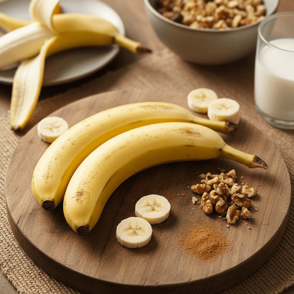 Du prinokę, geltoni bananai, vienas nuluptas ir paruoštas valgyti, o kitas su žieve, gulintys ant šviesaus paviršiaus.