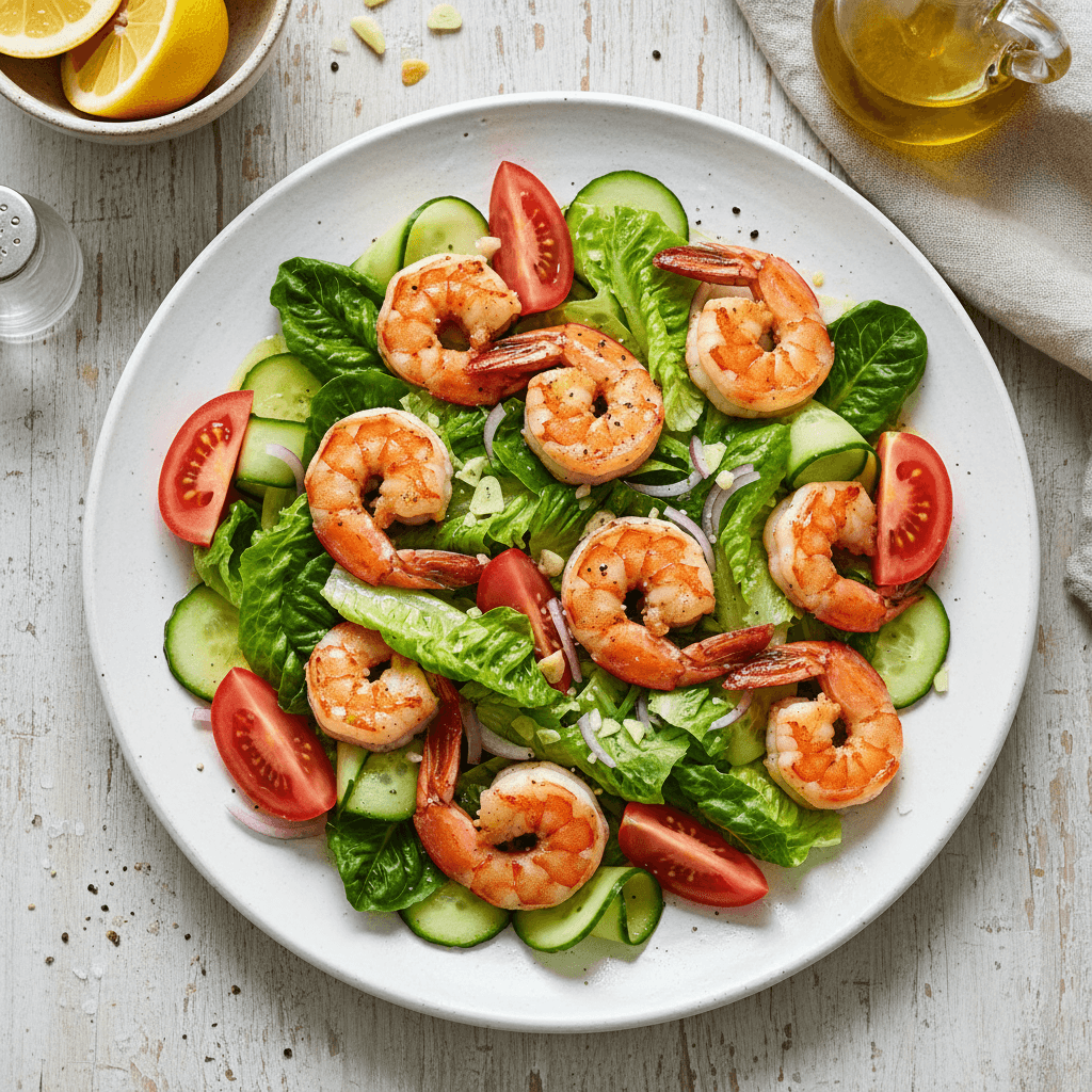 Šviežių krevečių ir daržovių salotos su citrininiu padažu, patiektos dideliame dubenyje.