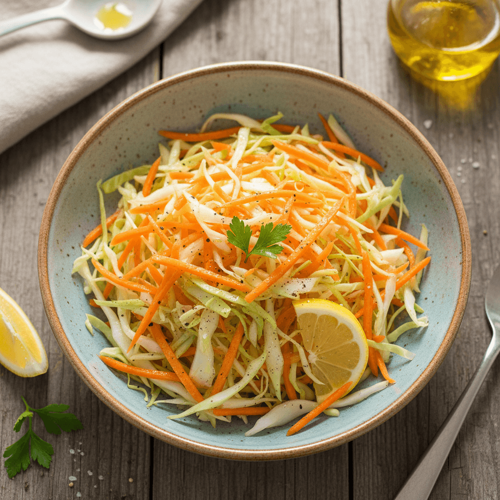 Lėkštė šviežių morkų ir kopūstų salotų su citrinų-alyvuogių padažu, papuoštos šviežiomis petražolėmis.