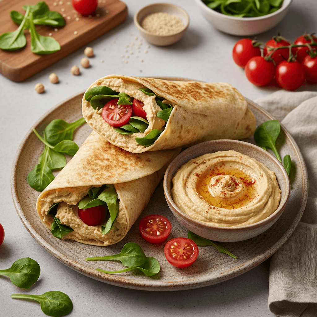 Šviežios tortilijos su humusu, salotų lapais ir perpus perpjautais vyšniniais pomidorais, patiektos ant medinės lentelės.