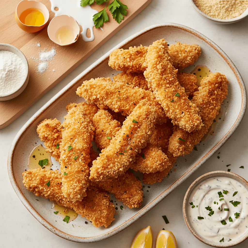 Auksinės spalvos traškios vištienos filė juostelės, patiektos lėkštėje su padažu.