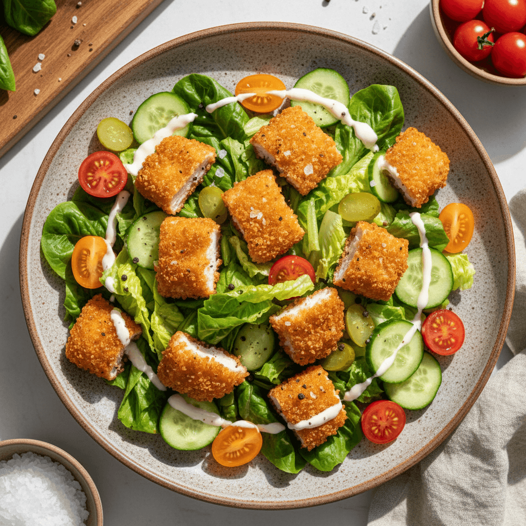 Gaivios salotos su traškiais vištienos gabalėliais, vyšniniais pomidorais, agurkais ir kreminiu padažu.